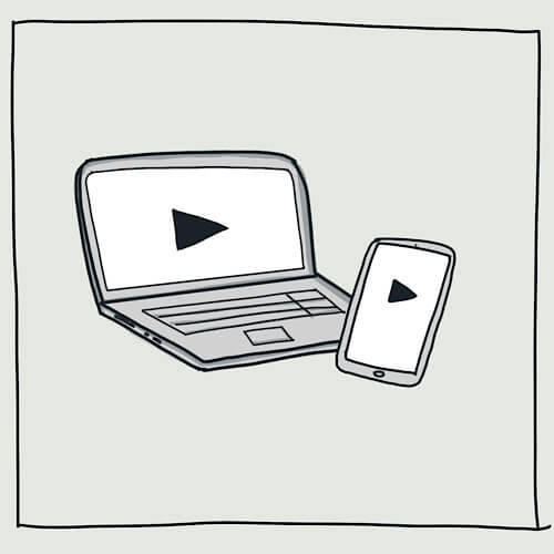 Eine Zeichnung: ein offener Laptop und ein Handy mit einem "play" Symbol